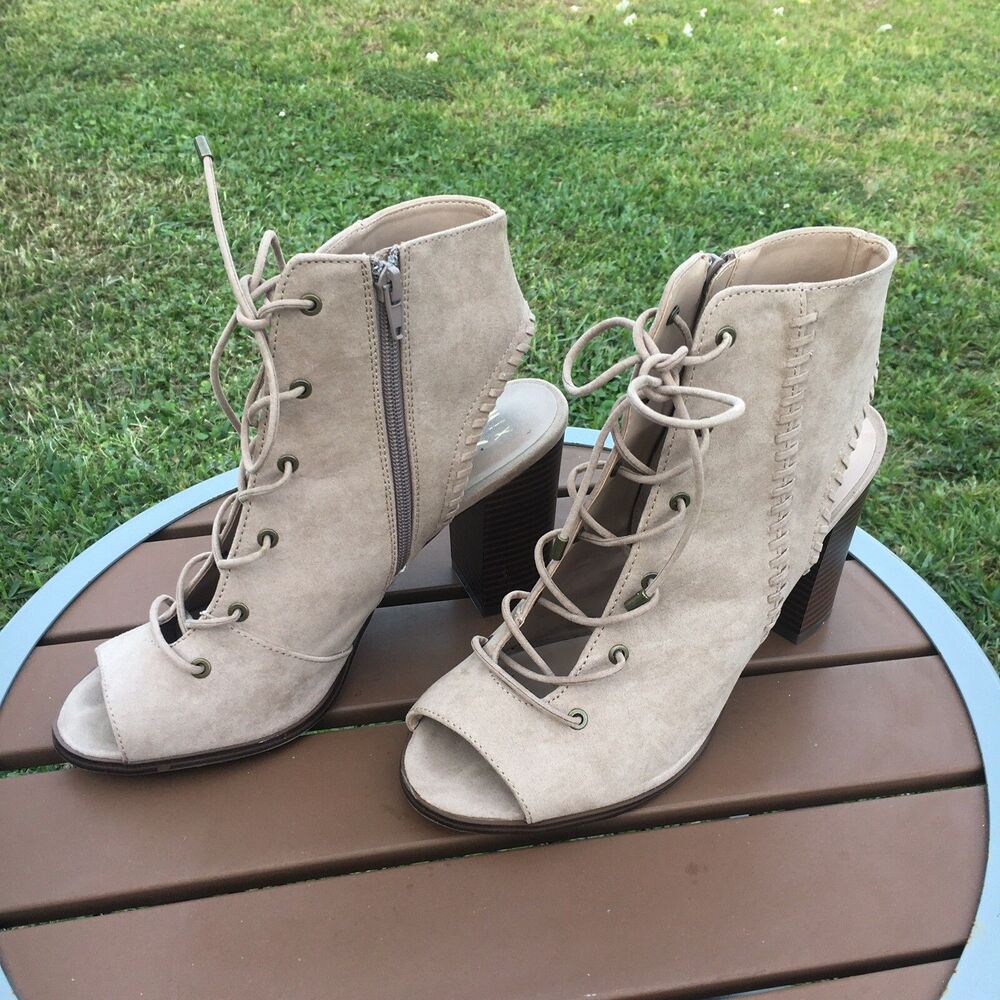 Mix No 6 Camona Ankle Booties Womens 10 Cream Suede Open Peep Toe Lace Up Zip